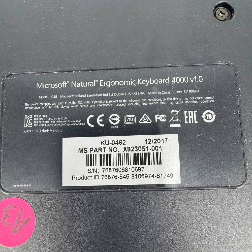Microsoft Natural Ergonomic Keyboard 4000‎ v1.0 Model KU-0462 USB Tested
